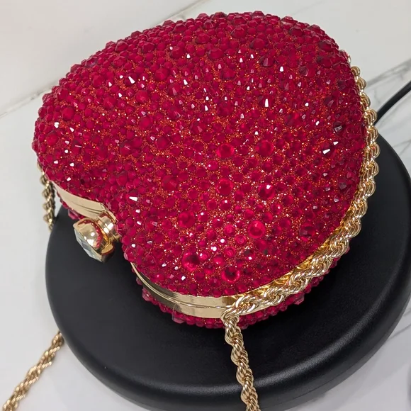 Women's Red Crystal Heart Evening Bag  Sparkly Rhinestone Clutch with Gold Chain - Picture 3 of 13
